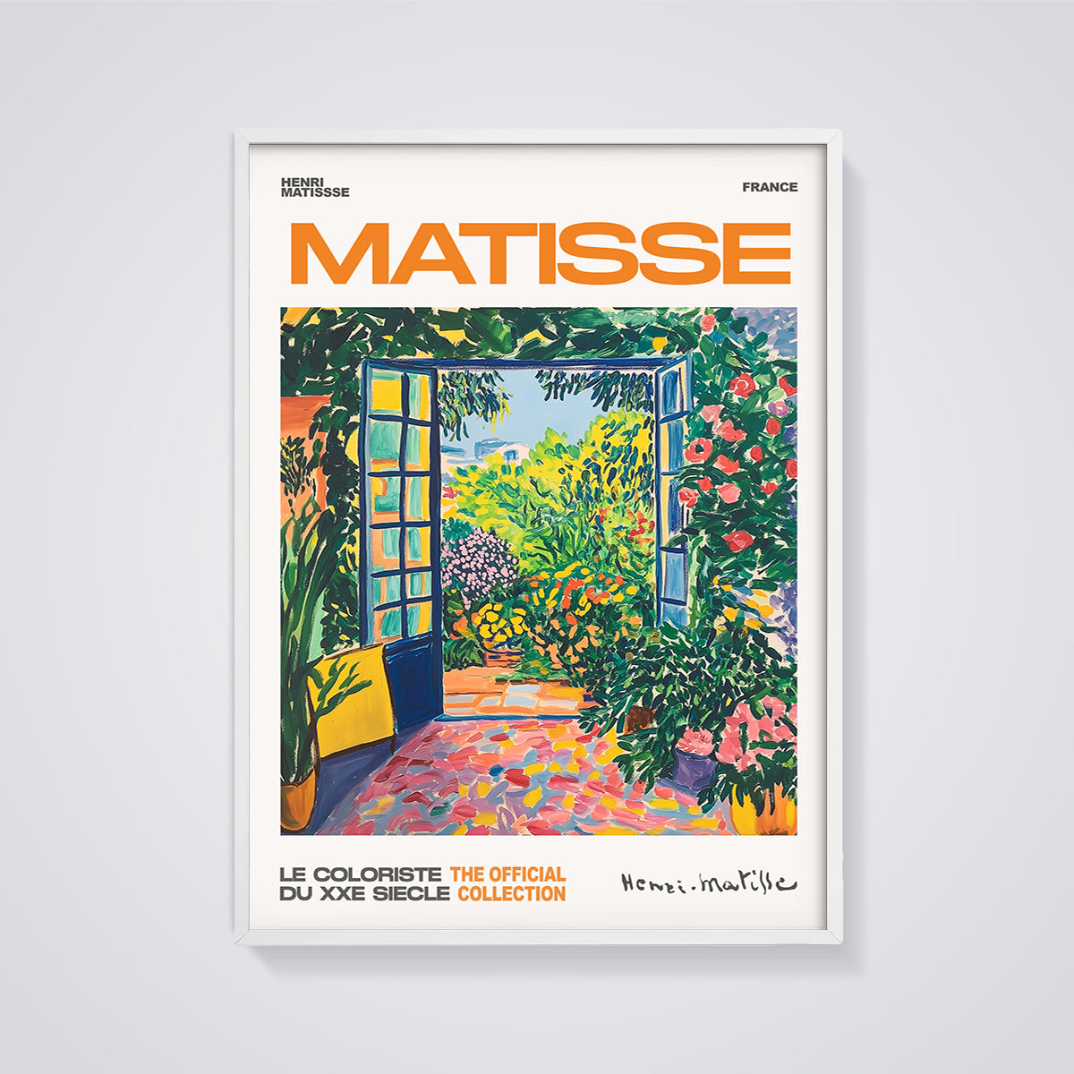 Matisse Open Window Garden Print Poster framed in white on a grey background