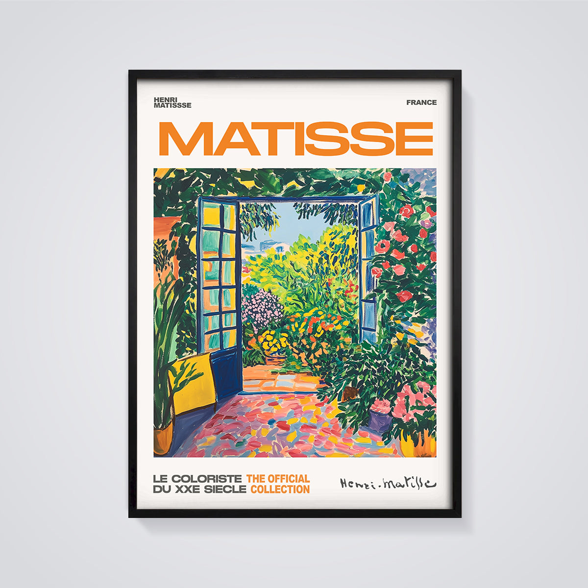 Matisse Open Window Garden Print Poster framed in black on a grey background