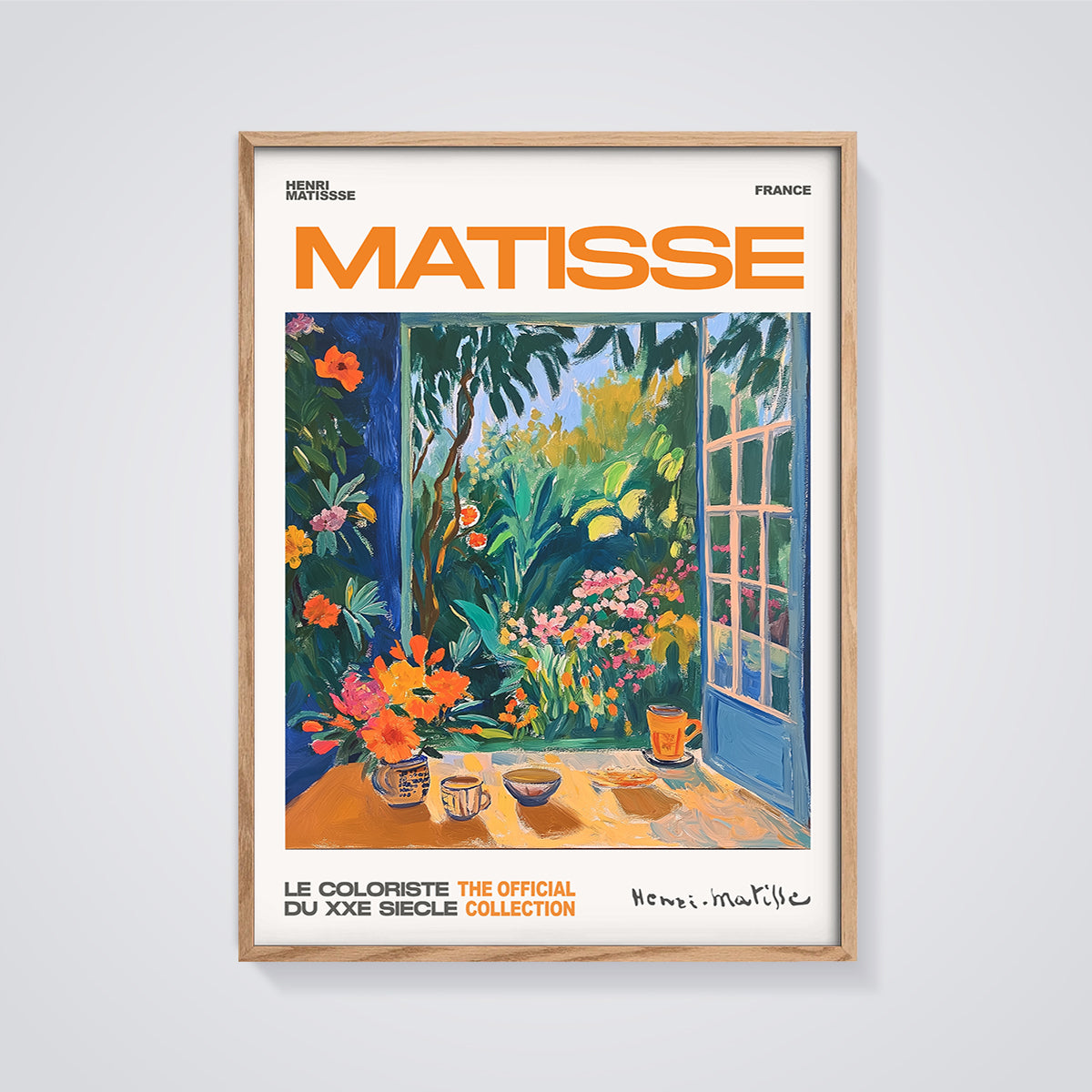 Matisse Open Window Garden Print Style framed in oak on a grey background
