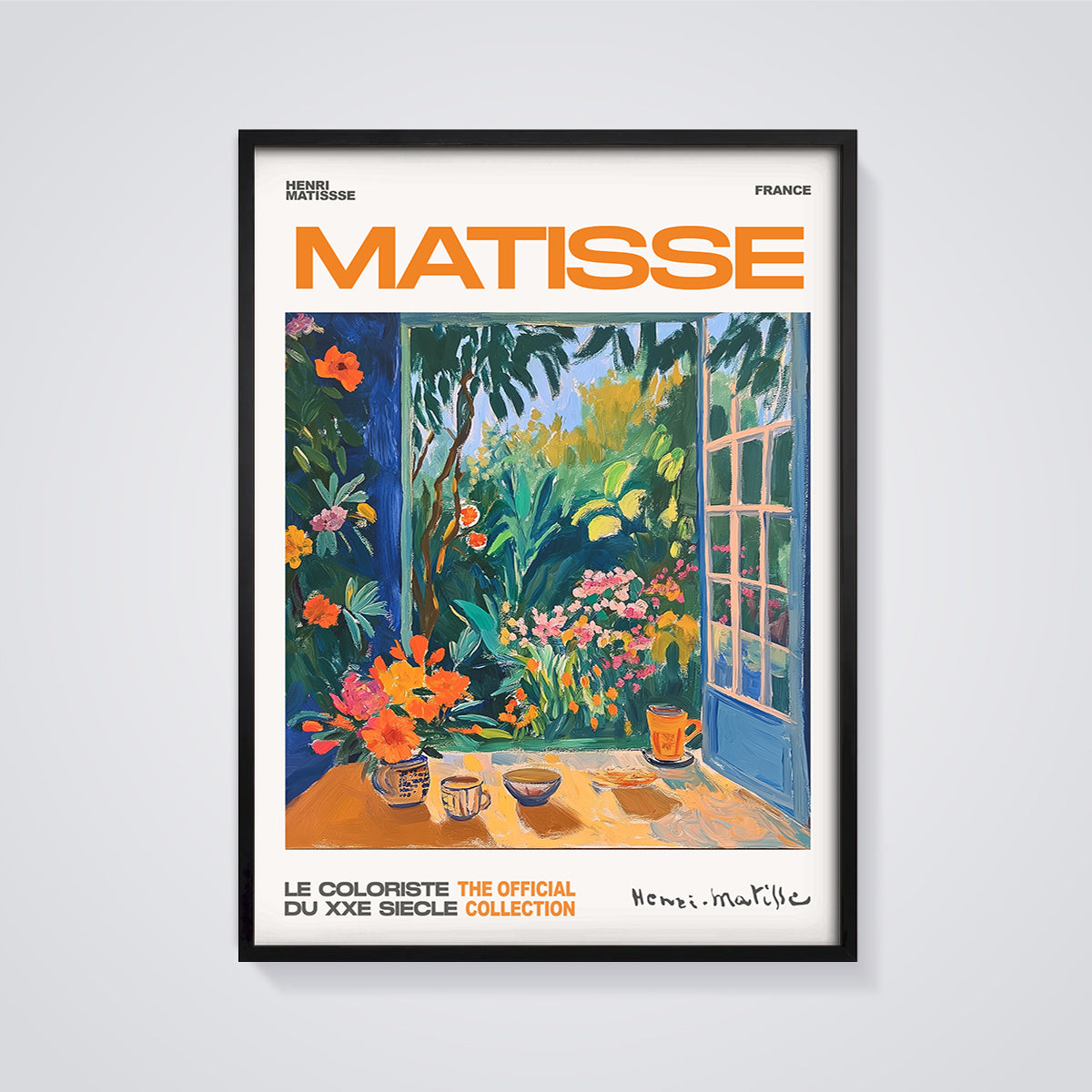 Matisse Open Window Garden Print Style framed in black on a grey background