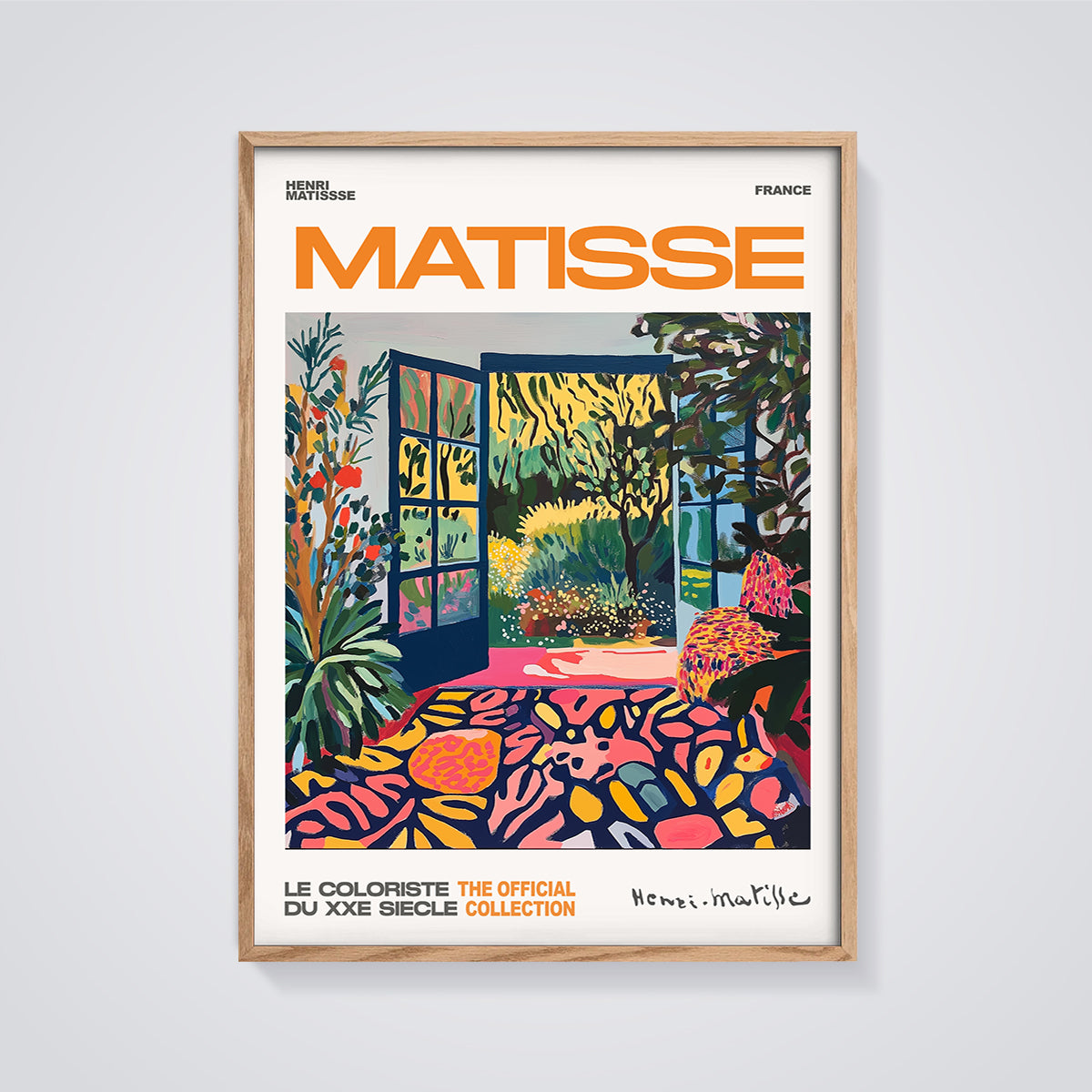 Matisse Open Window Garden Print Theme framed in oak on a grey background