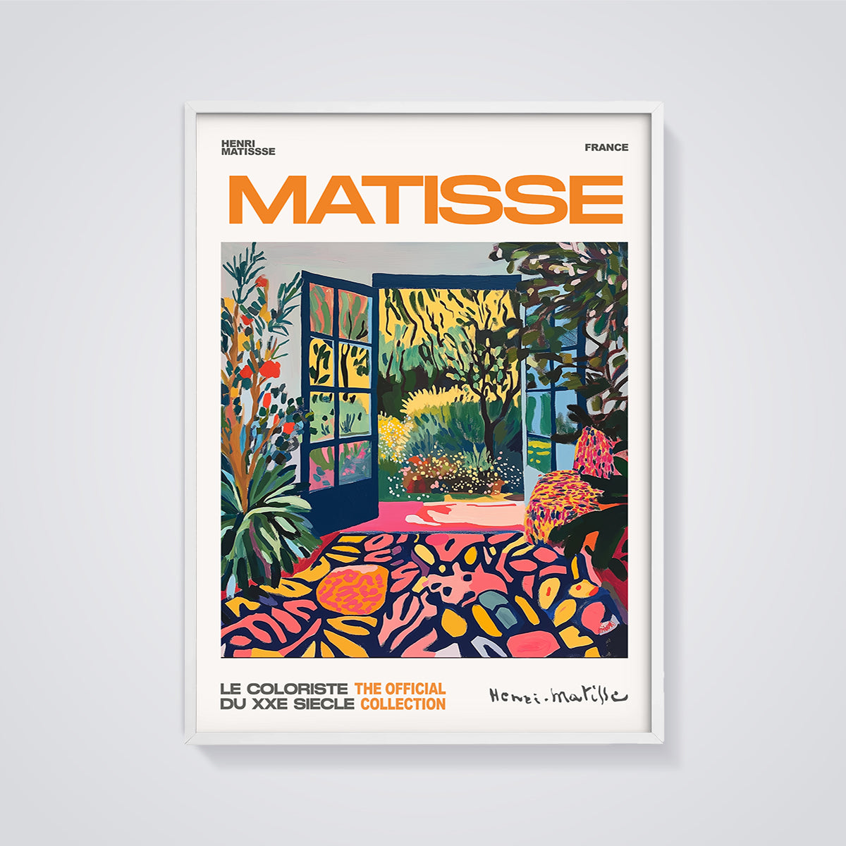 Matisse Open Window Garden Print Theme framed in white on a grey background
