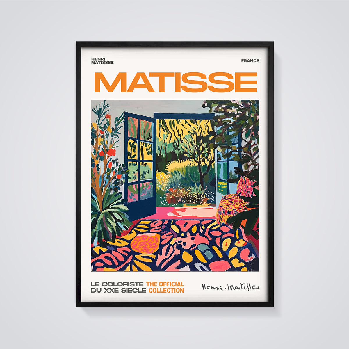 Matisse Open Window Garden Print Theme framed in black on a grey background
