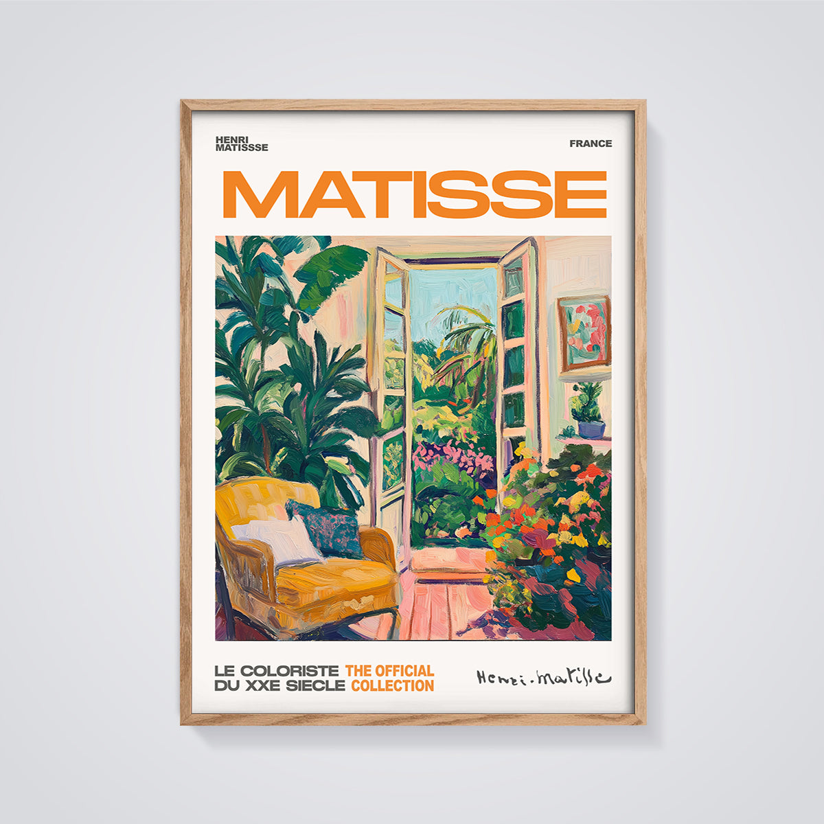 Matisse Open Window Garden Print Wall Decor framed in oak on a grey background