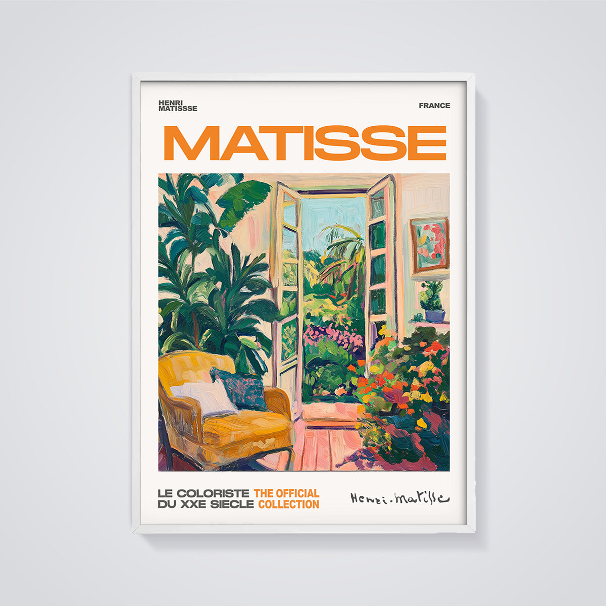 Matisse Open Window Garden Print Wall Decor framed in white on a grey background