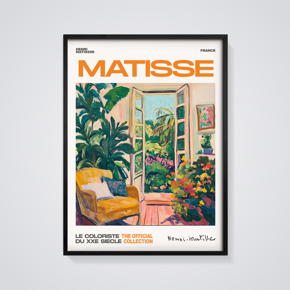Matisse Open Window Garden Print Wall Decor framed in black on a grey background