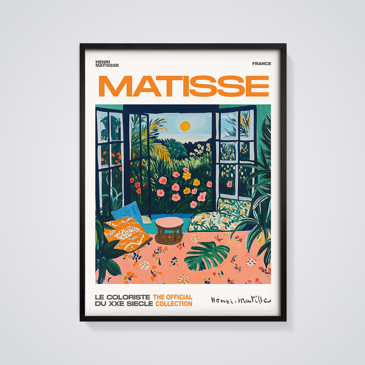 Matisse Open Window Garden Print framed in black on a grey background
