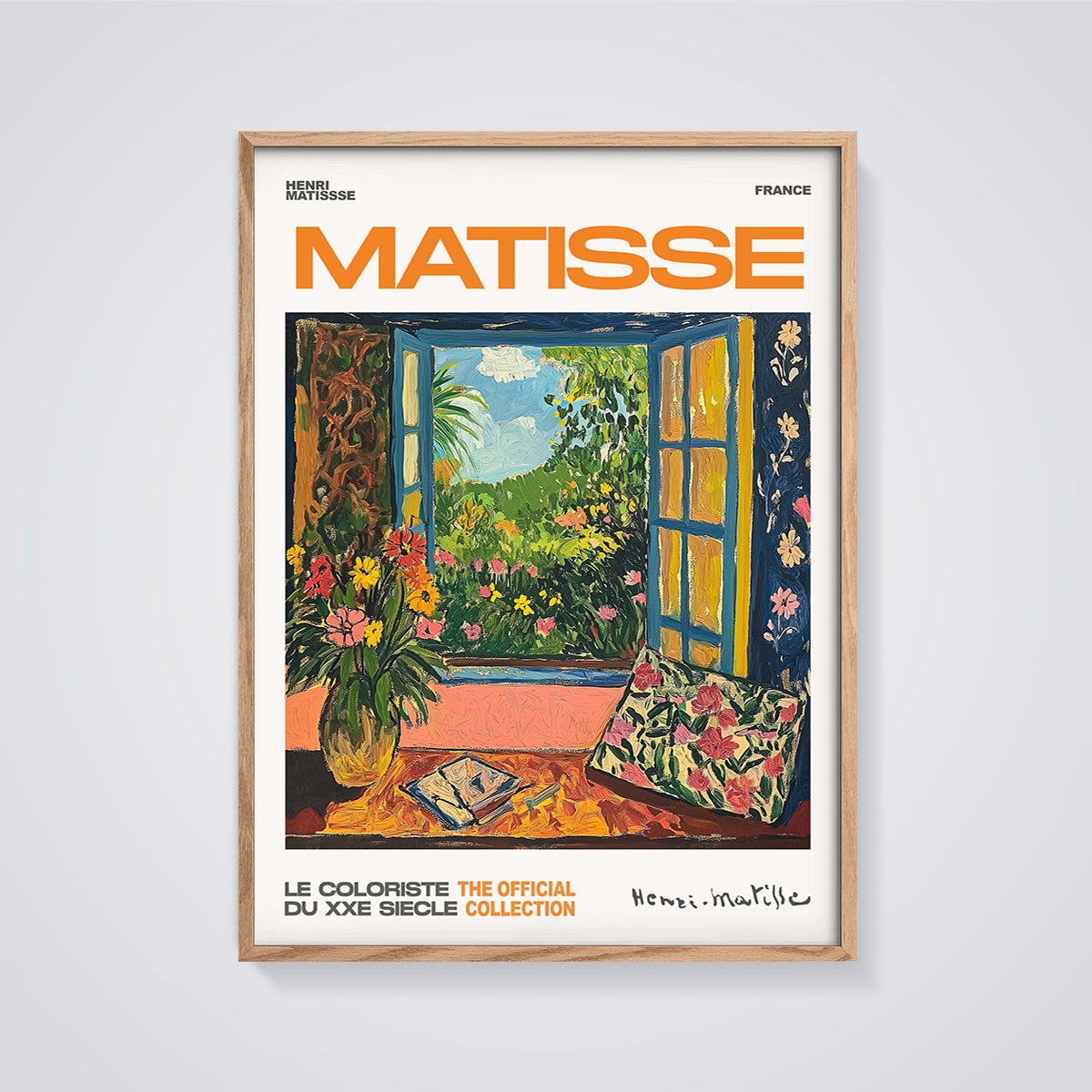 Matisse Open Window Print framed in oak on a grey background