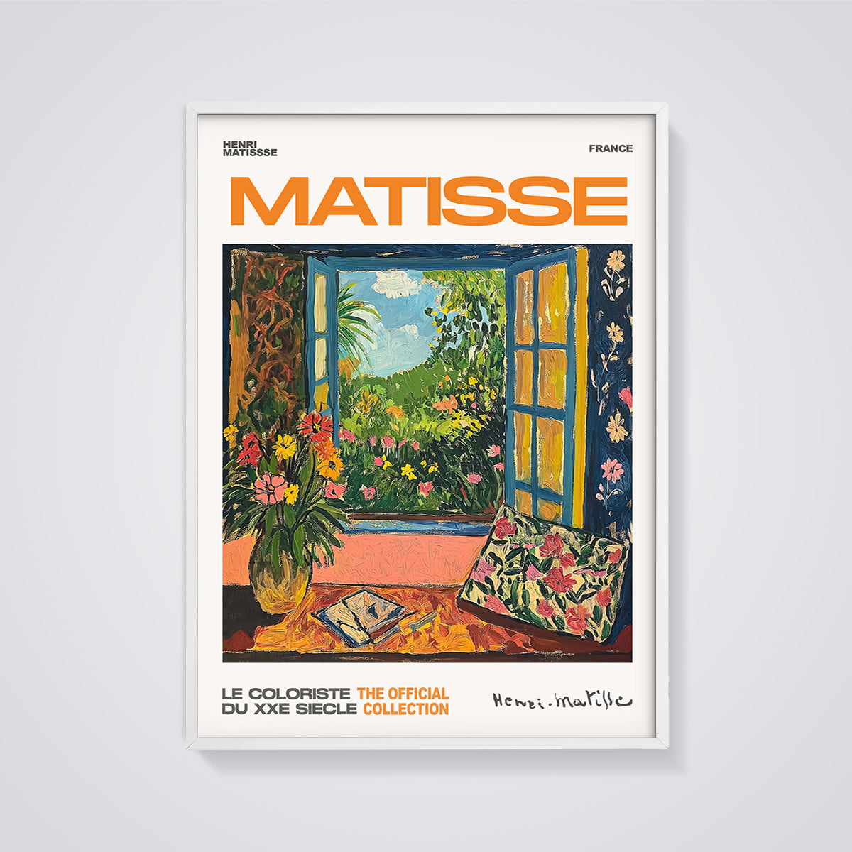 Matisse Open Window Print framed in white on a grey background