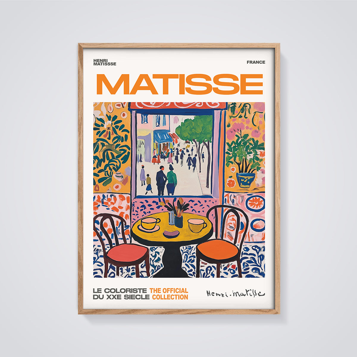 Matisse Open Window Print Aesthetic framed in oak on a grey background