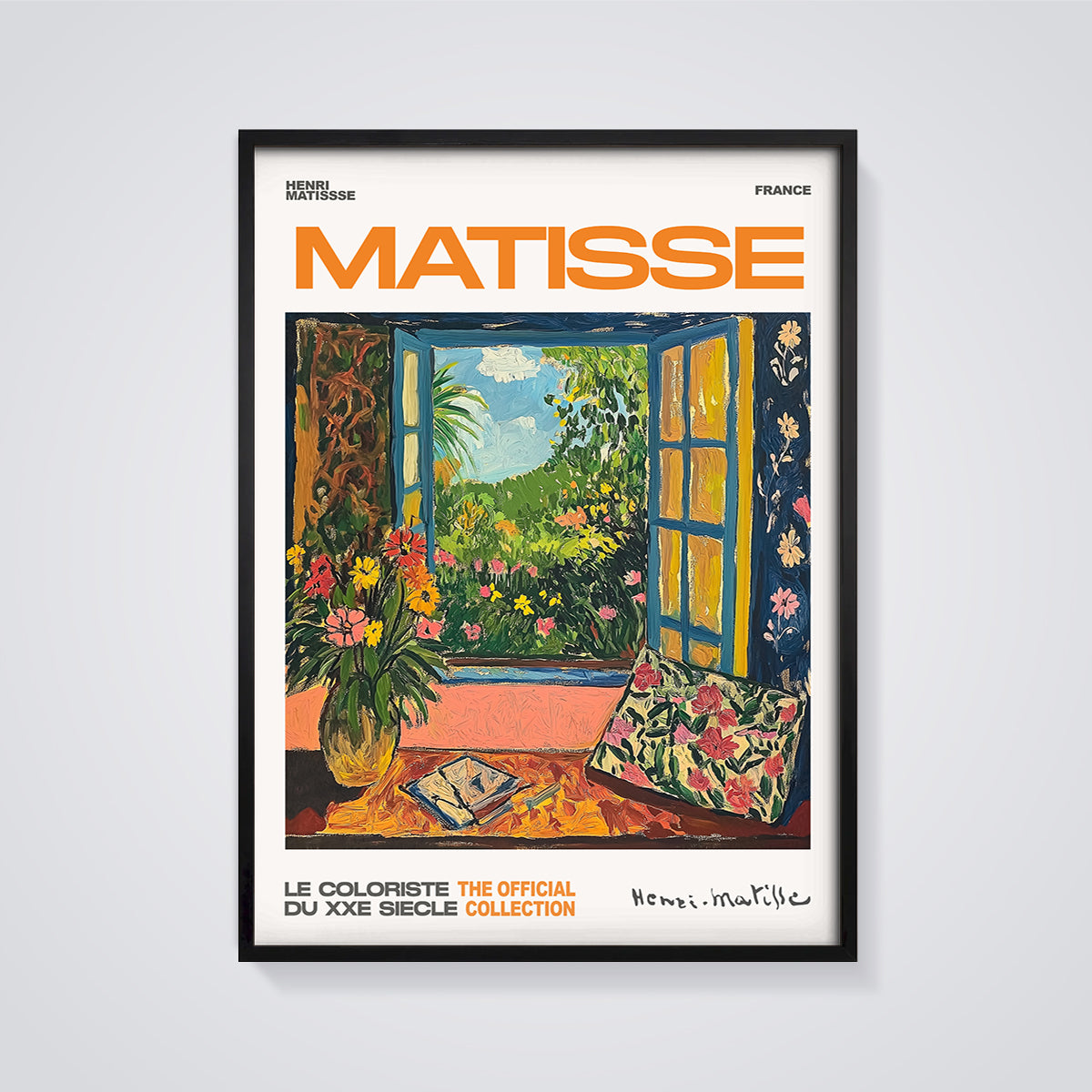Matisse Open Window Print framed in black on a grey background