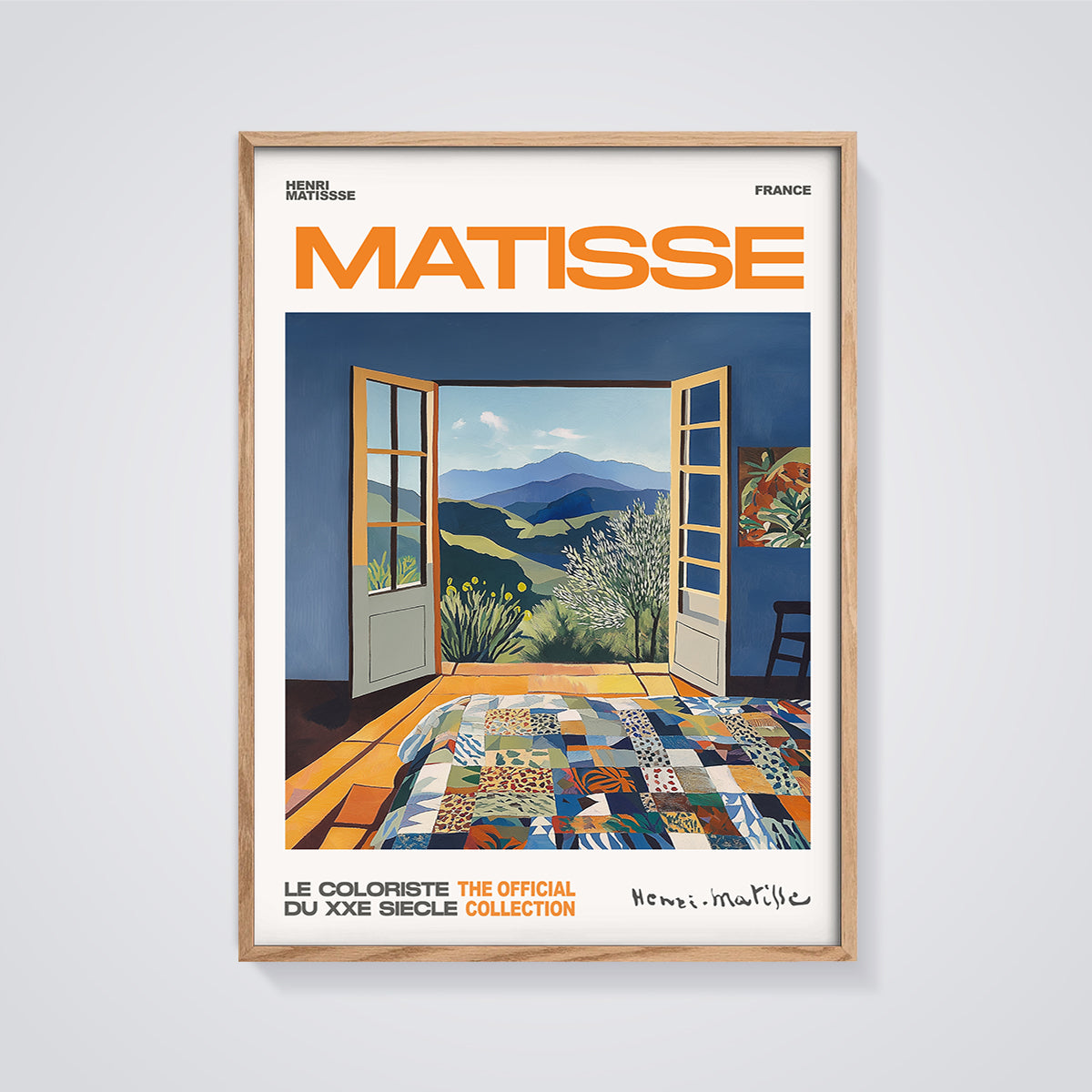 Matisse Open Window Quilt Print framed in oak on a grey background