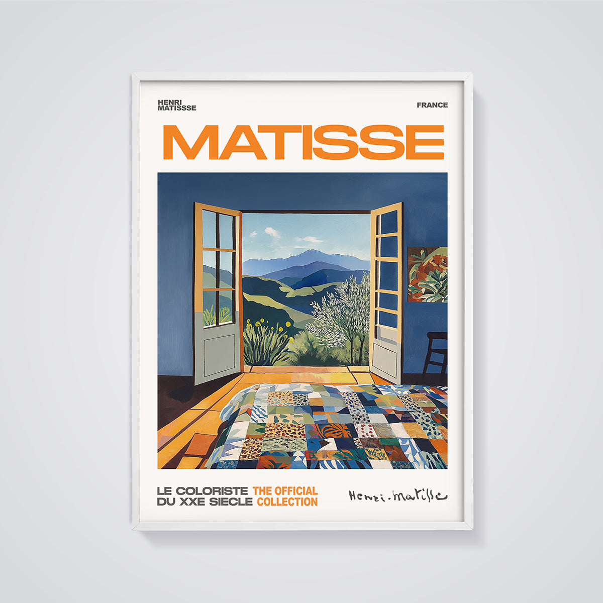 Matisse Open Window Quilt Print framed in white on a grey background