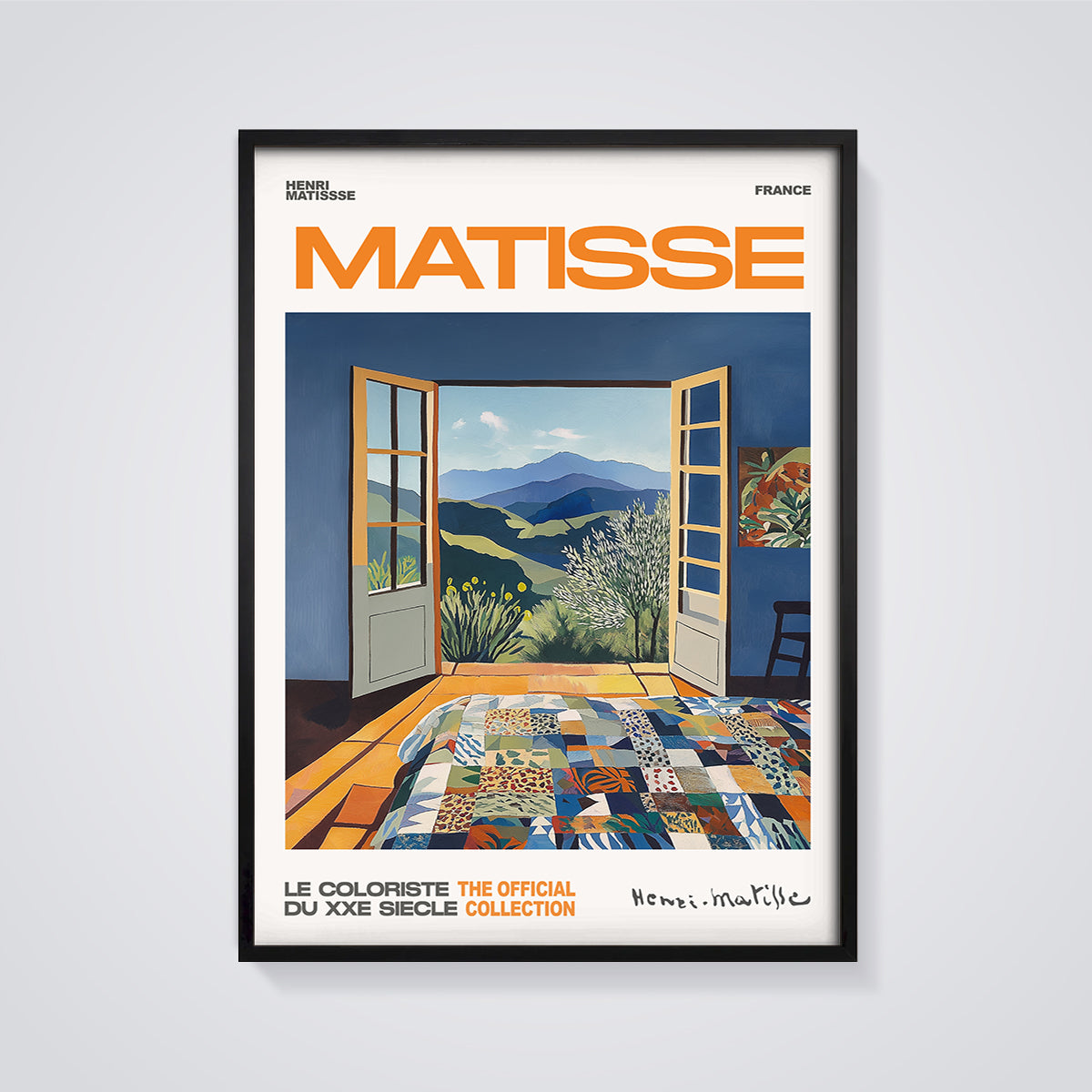 Matisse Open Window Quilt Print framed in black on a grey background