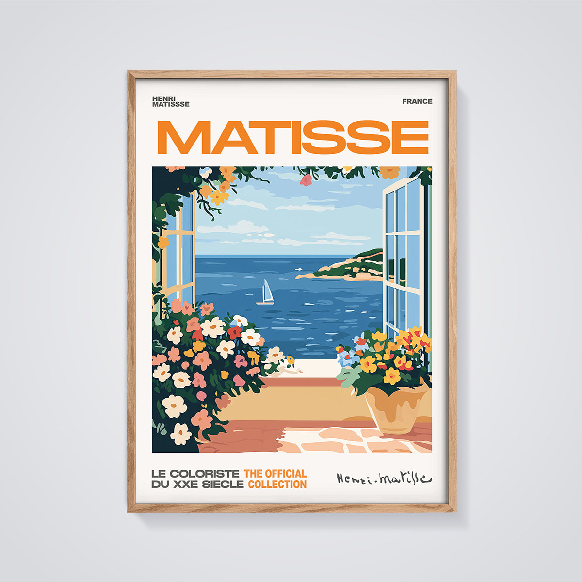 Matisse Open Window Sea View France Print framed in oak on a grey background