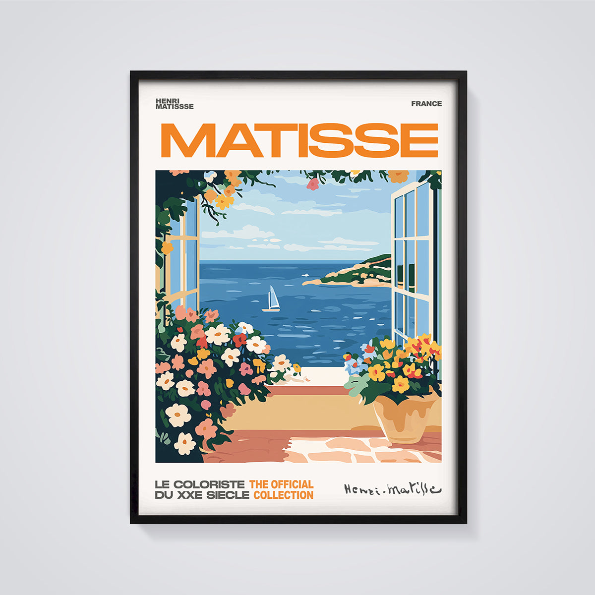 Matisse Open Window Sea View France Print framed in black on a grey background