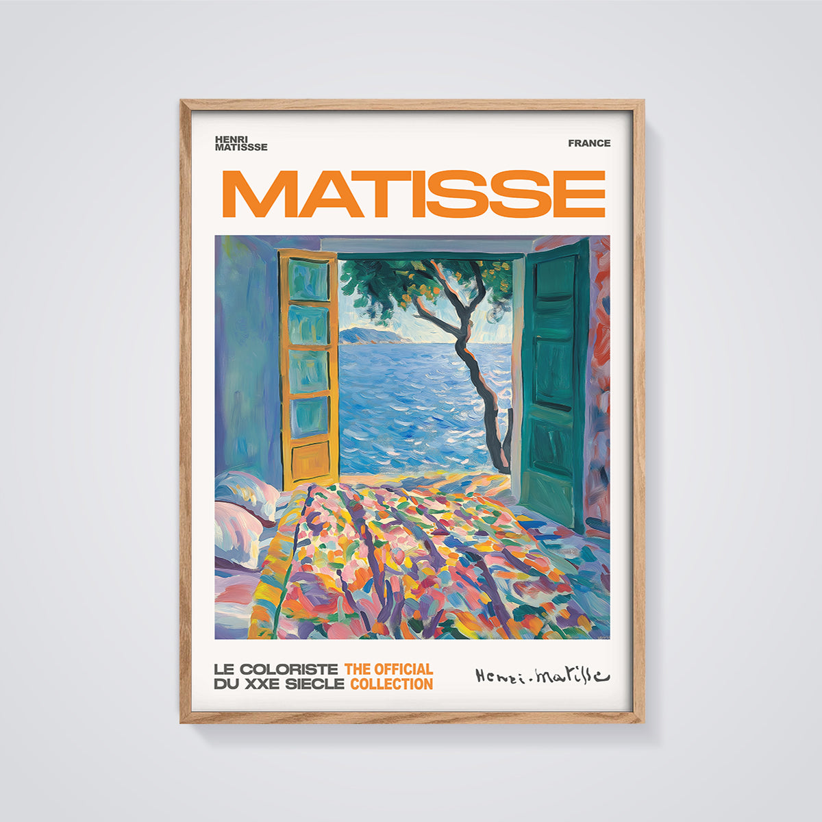 Matisse Open Window Seascape Art Print framed in oak on a grey background