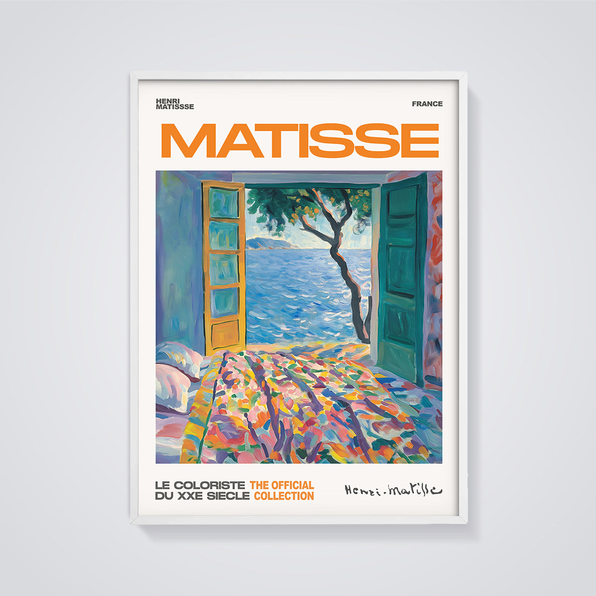 Matisse Open Window Seascape Art Print framed in white on a grey background