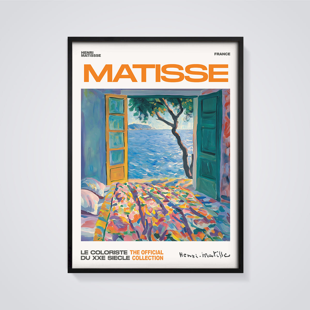 Matisse Open Window Seascape Art Print framed in black on a grey background