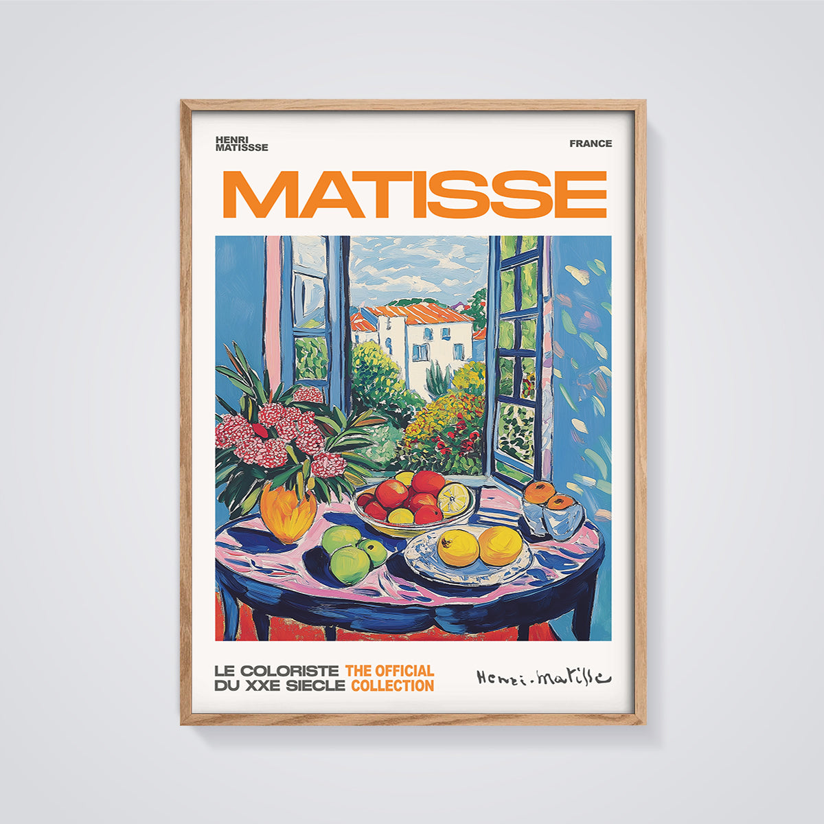 Matisse Open Window Still Life Print framed in oak on a grey background