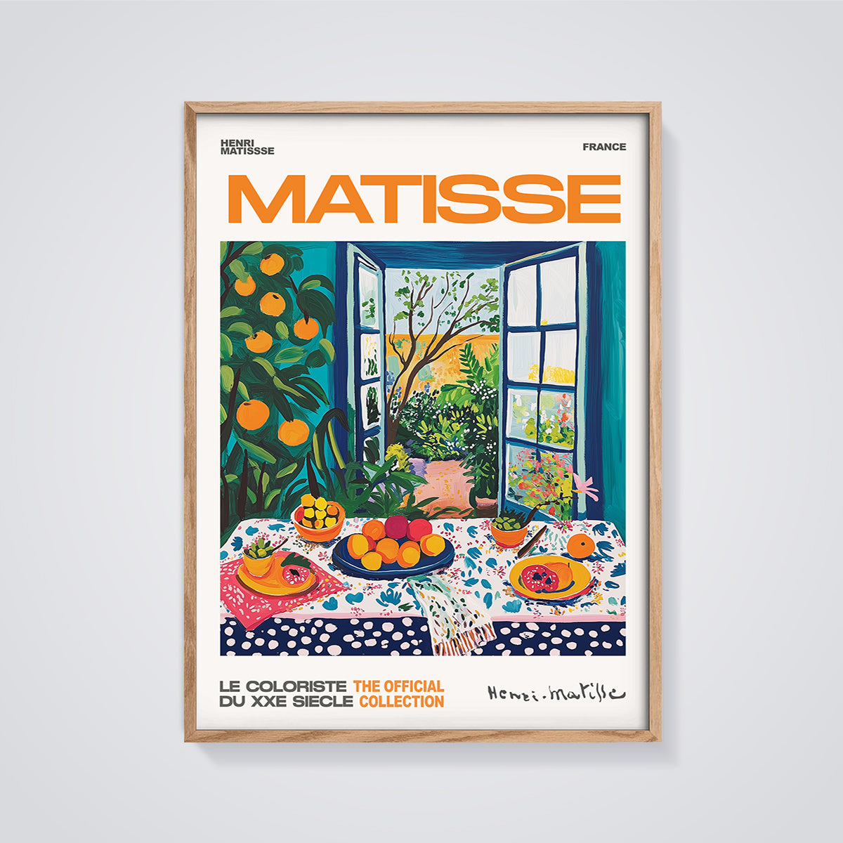 Matisse Open Window Still Life Print Aesthetic framed in oak on a grey background
