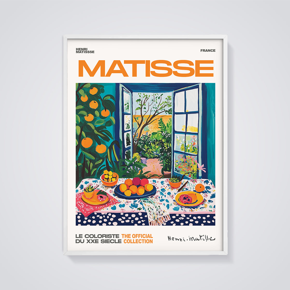 Matisse Open Window Still Life Print Aesthetic framed in white on a grey background