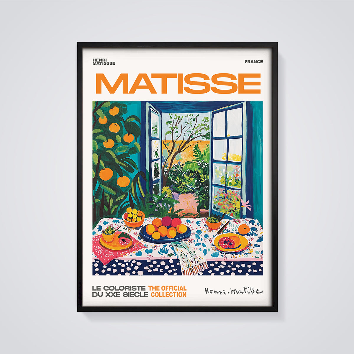 Matisse Open Window Still Life Print Aesthetic framed in black on a grey background