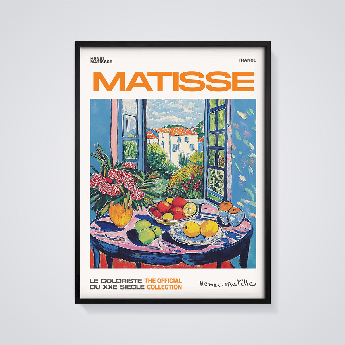 Matisse Open Window Still Life Print framed in black on a grey background