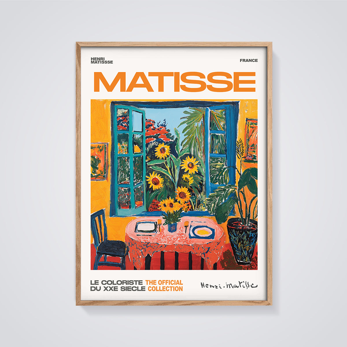 Matisse Open Window Sunflowers Print framed in oak on a grey background