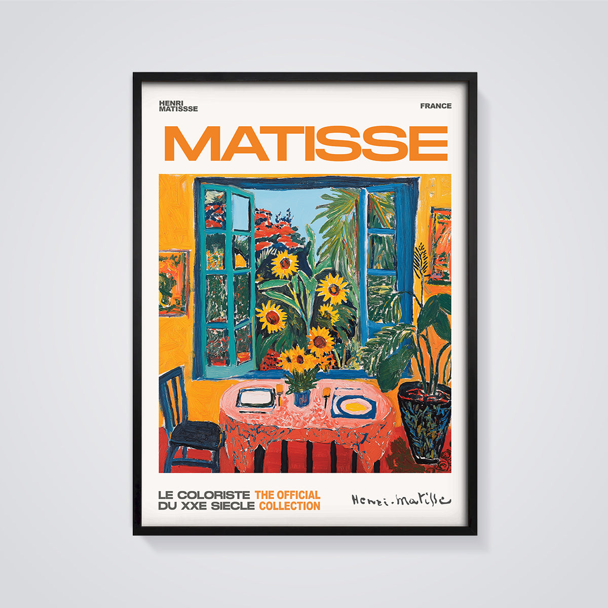Matisse Open Window Sunflowers Print framed in black on a grey background