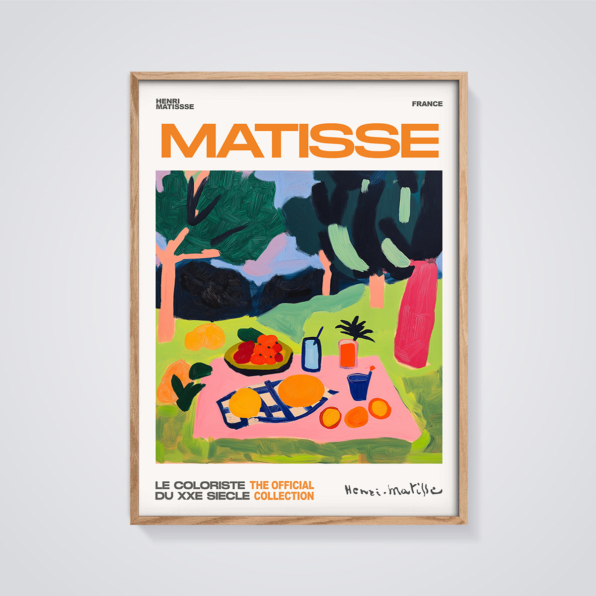 Matisse Picnic Scene Print framed in oak on a grey background