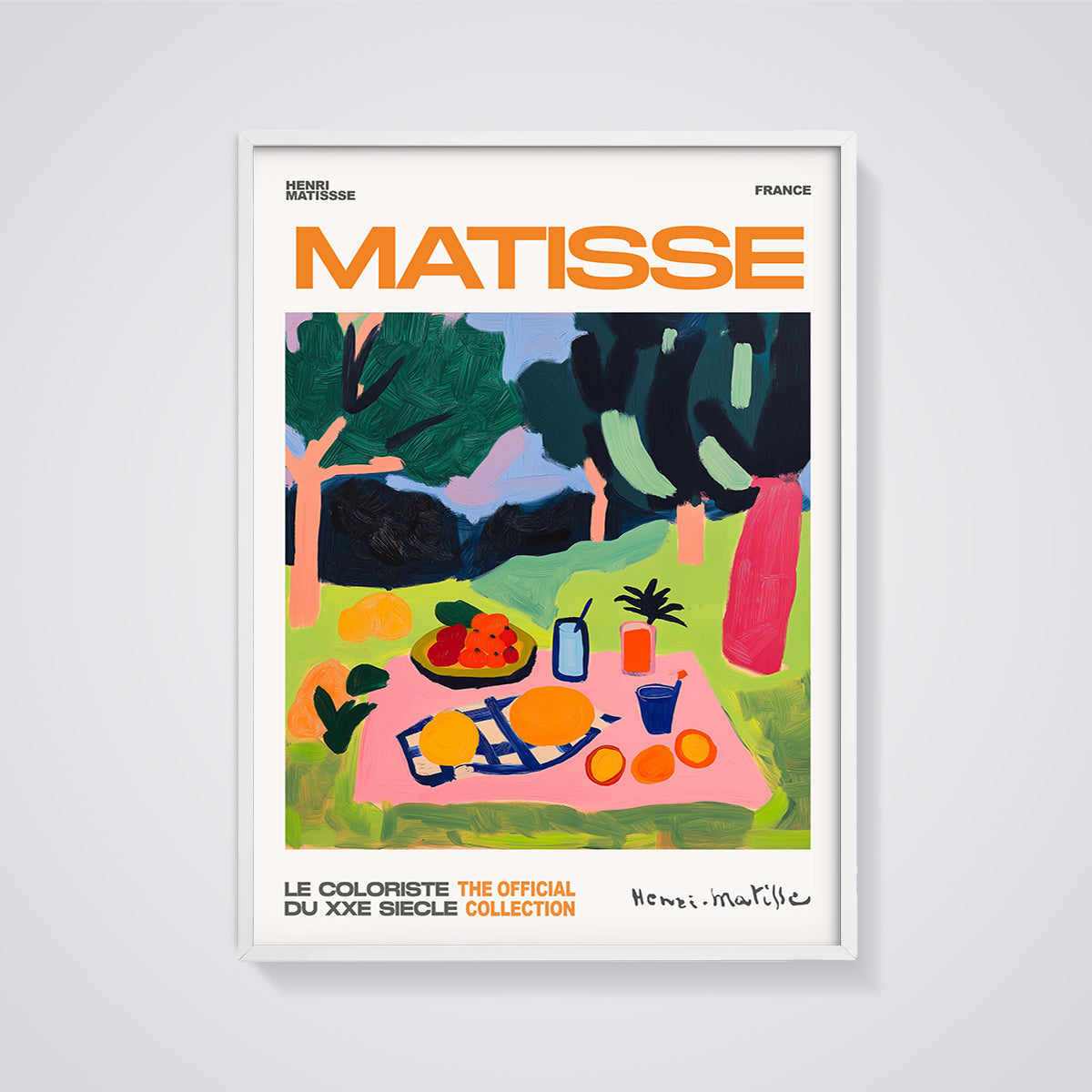 Matisse Picnic Scene Print framed in white on a grey background