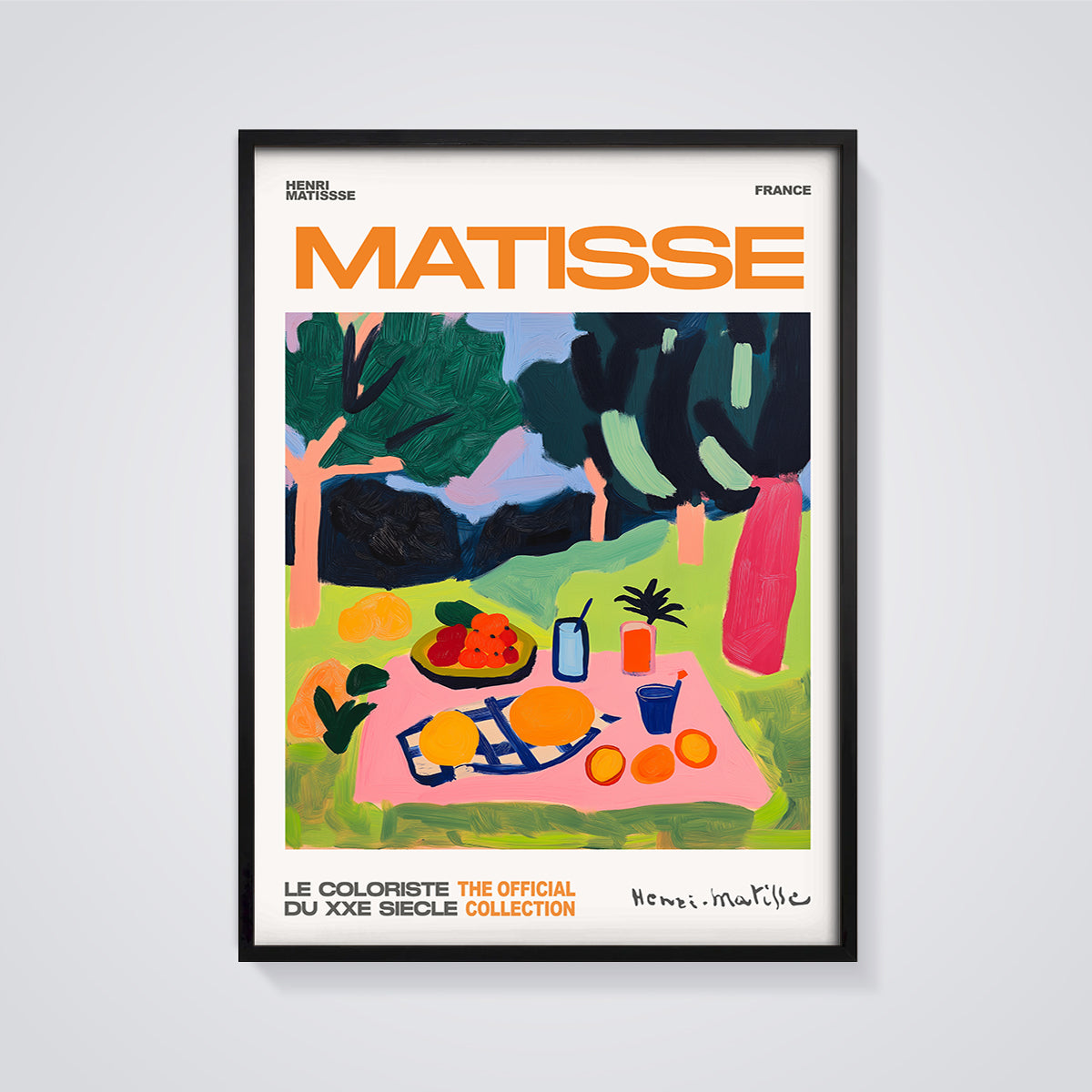 Matisse Picnic Scene Print framed in black on a grey background