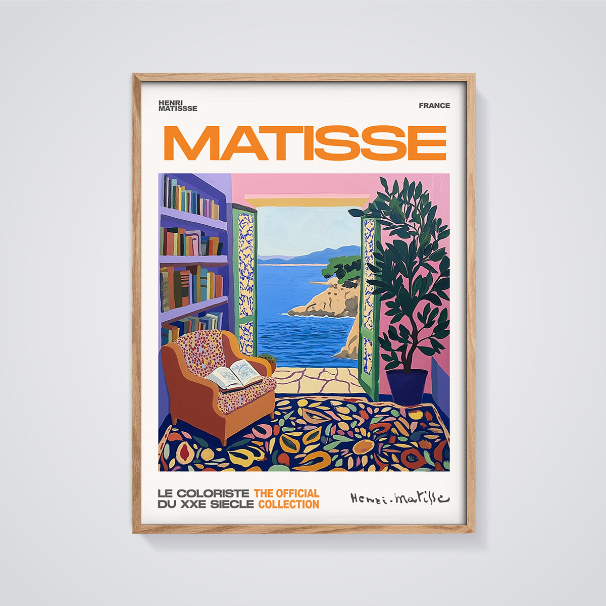 Matisse Sea View Interior Print framed in oak on a grey background
