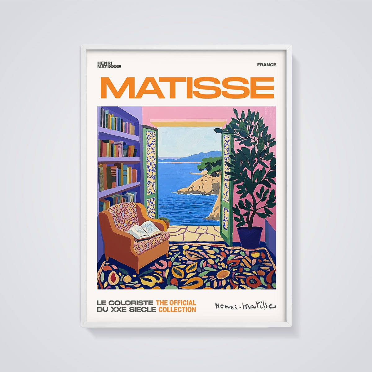 Matisse Sea View Interior Print framed in white on a grey background