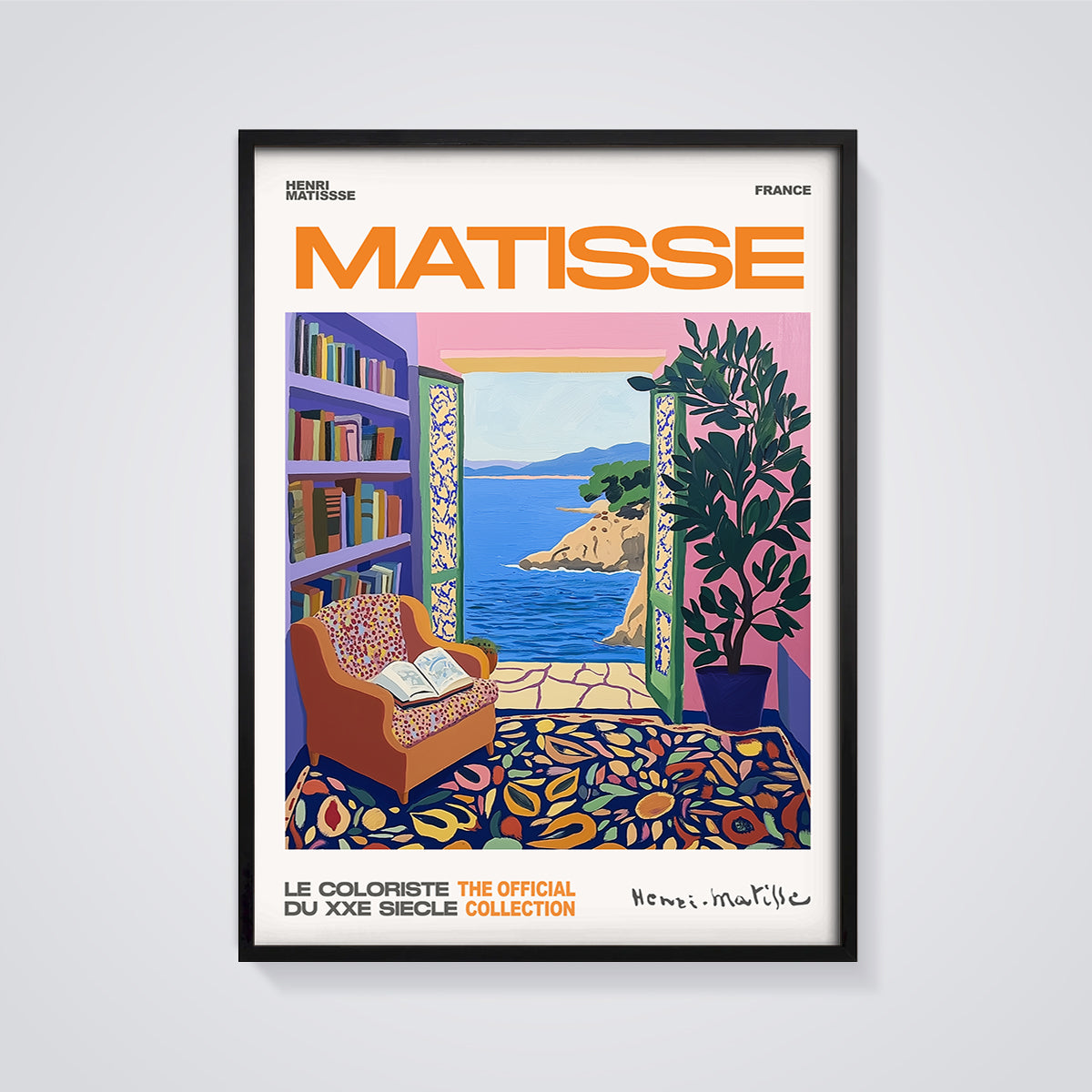 Matisse Sea View Interior Print framed in black on a grey background