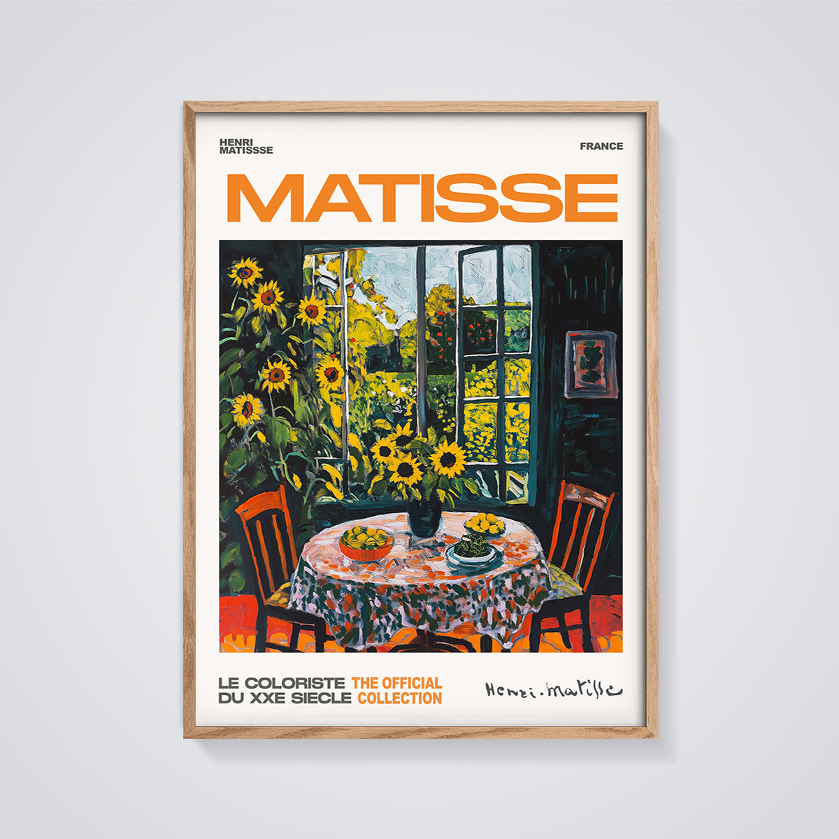 Matisse The Window Sunflowers Print framed in oak on a grey background