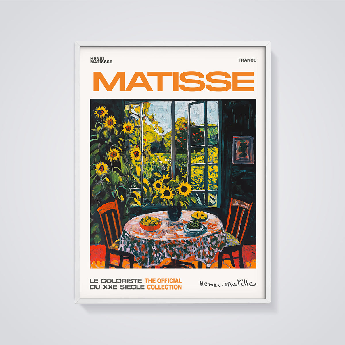 Matisse The Window Sunflowers Print framed in white on a grey background