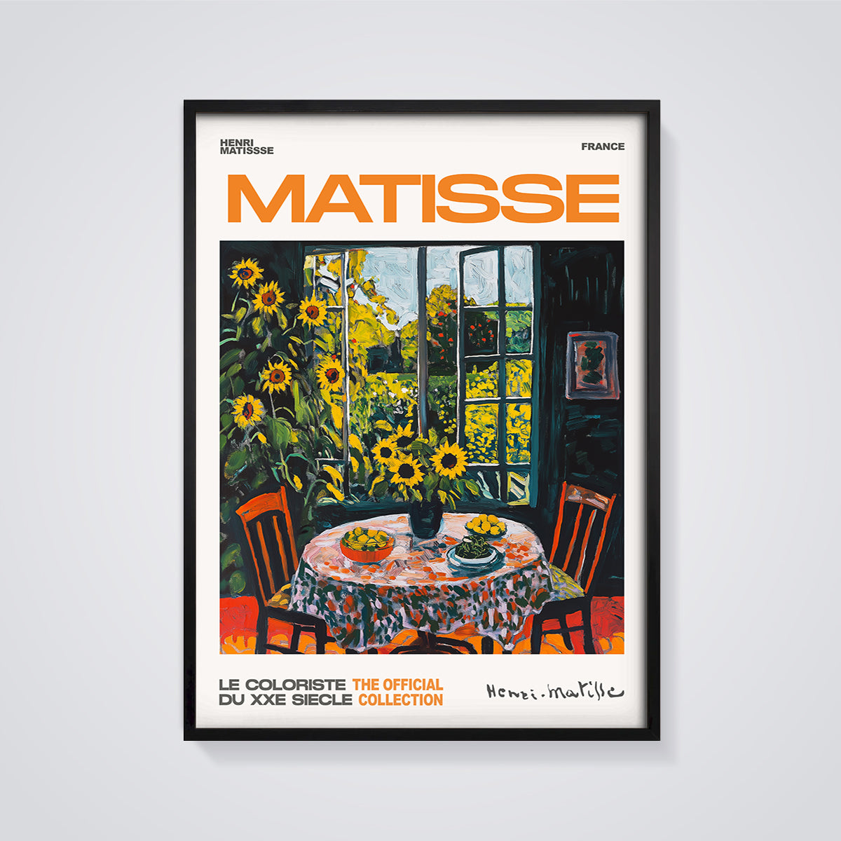 Matisse The Window Sunflowers Print framed in black on a grey background