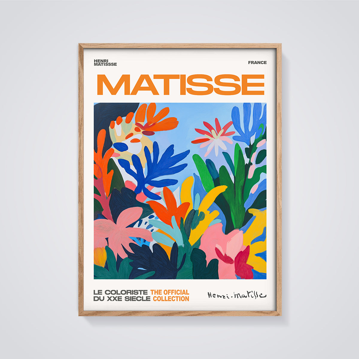 Matisse Vibrant Botanical Print framed in oak on a grey background