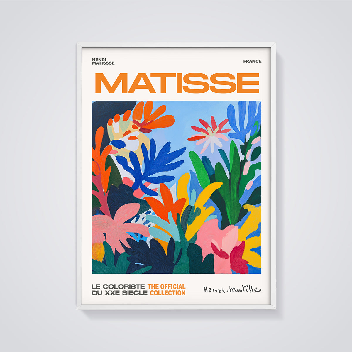 Matisse Vibrant Botanical Print framed in white on a grey background