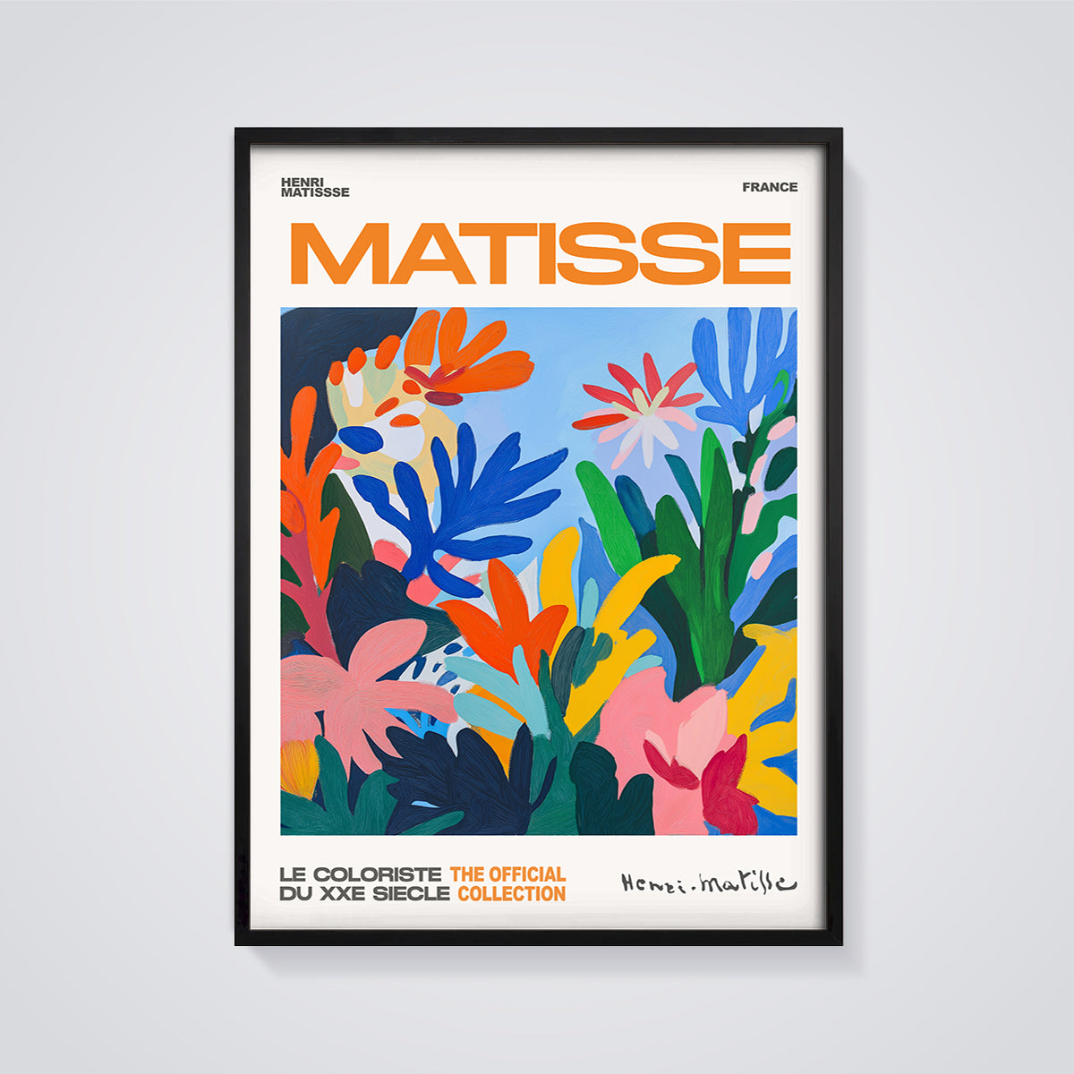 Matisse Vibrant Botanical Print framed in black on a grey background
