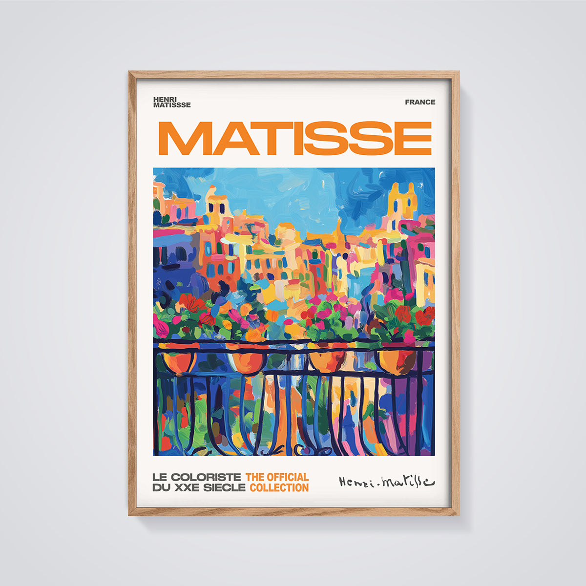 Matisse Vibrant City Balcony Print framed in oak on a grey background