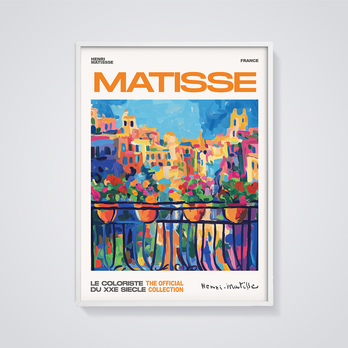 Matisse Vibrant City Balcony Print framed in white on a grey background
