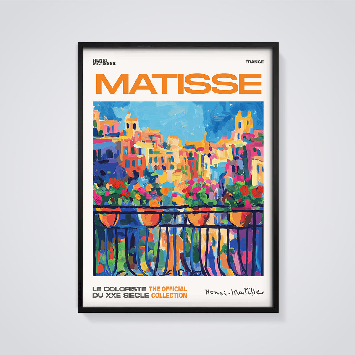 Matisse Vibrant City Balcony Print framed in black on a grey background