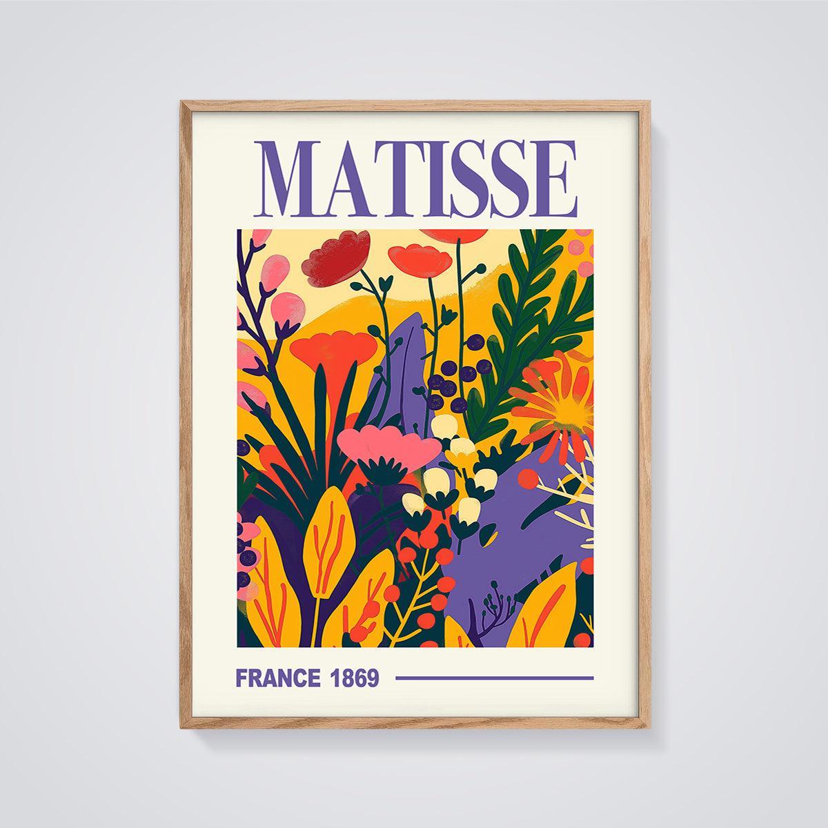 Matisse Vibrant Garden Print framed in oak on a grey background