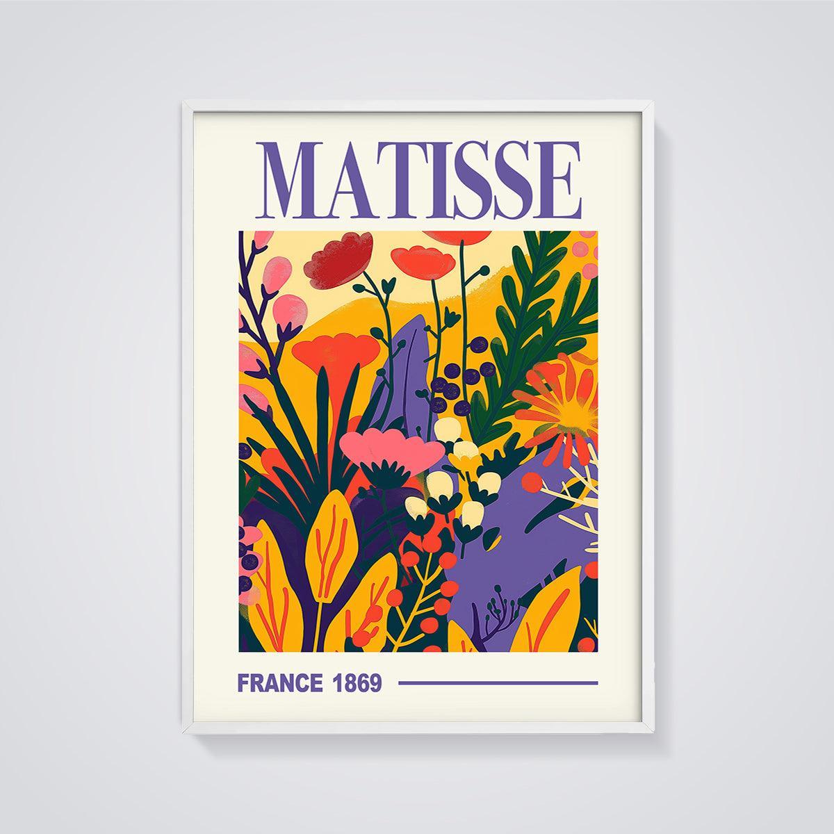 Matisse Vibrant Garden Print framed in white on a grey background