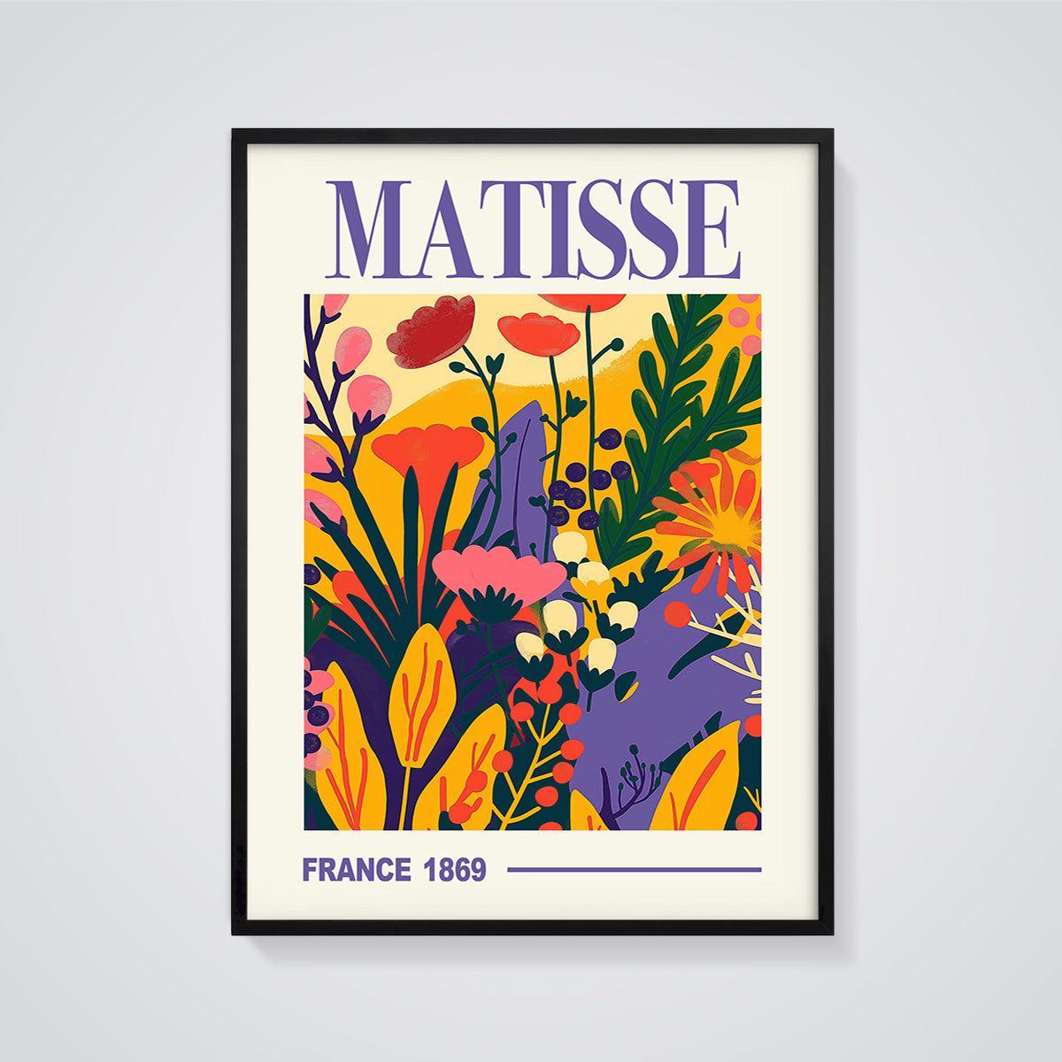 Matisse Vibrant Garden Print framed in black on a grey background