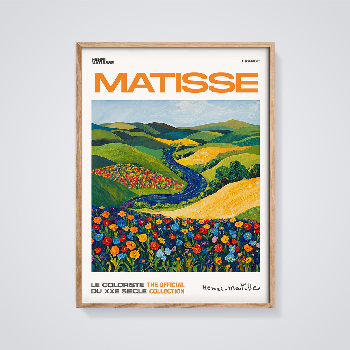 Matisse Vibrant Landscape Print framed in oak on a grey background