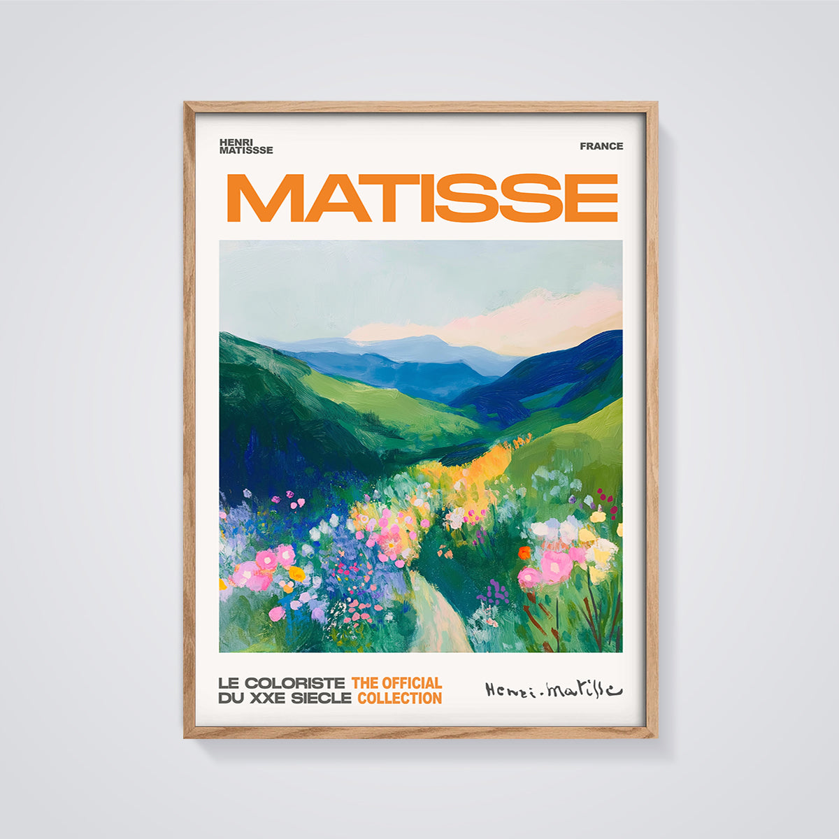 Matisse Vibrant Landscape Print Aesthetic framed in oak on a grey background